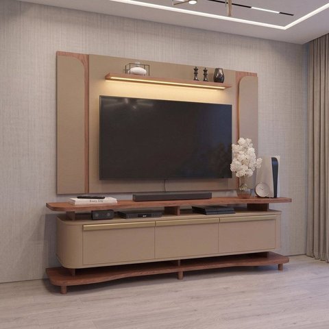 Rack com Painel para TV até 75 Polgadas com LED Pés Madeira Maciça Guarapari Espresso Moveis