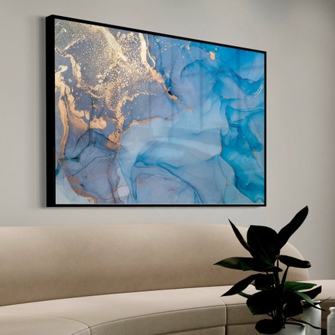 Quadro Decorativo Abstrato Mármore Azul Oceano em Moldura Caixa Tacolado Moldura Trad 1cm Branca com