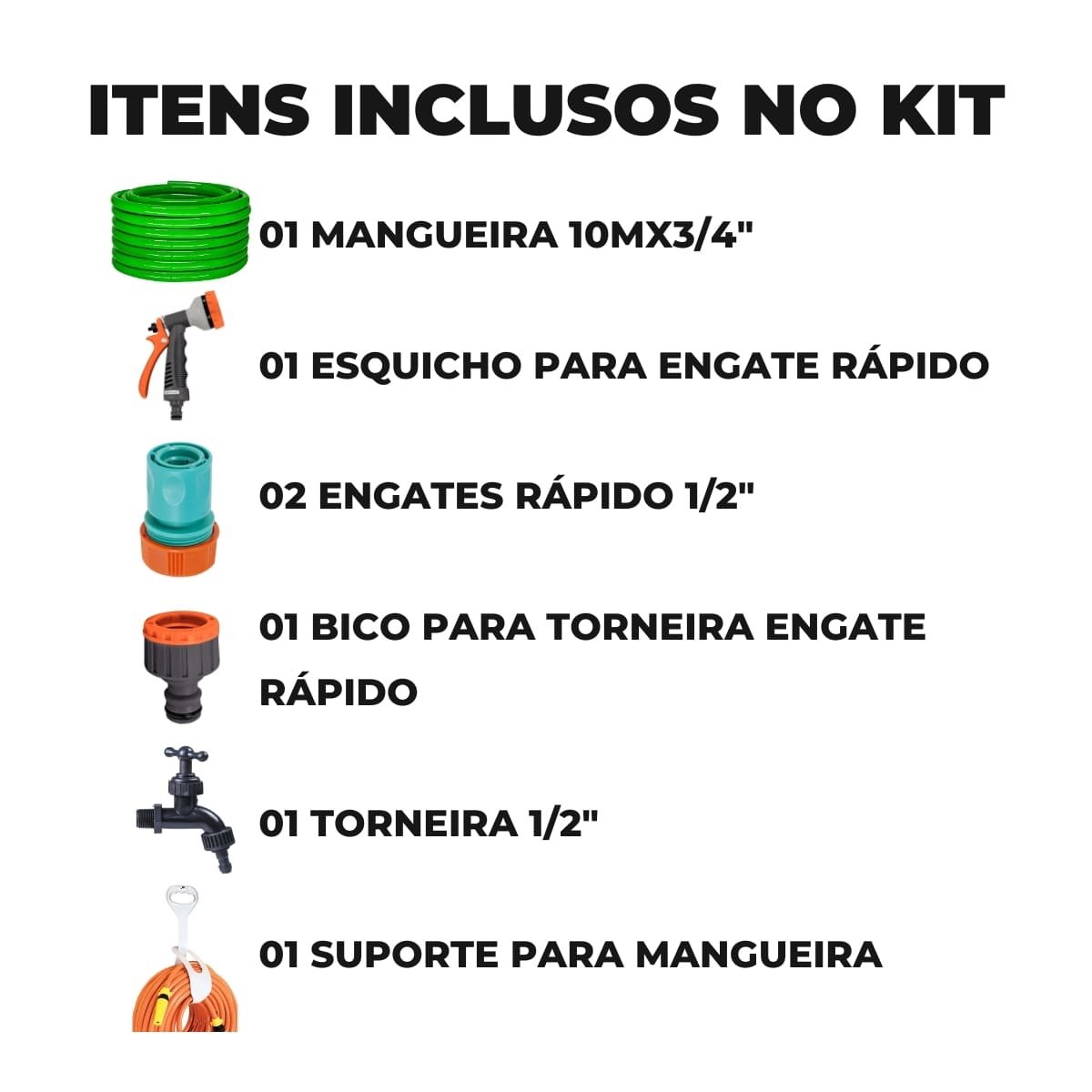 Mangueira 10m Metros + Suporte Alça + Hidropistola + Engate Rapido + Bico Engate Rápido + Torneira - 2