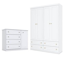 Cômoda e Guarda Roupa Infantil Americano 4 Portas Branco Hp - Henn - 1