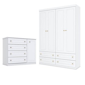 Cômoda e Guarda Roupa Infantil Americano 4 Portas Branco Hp - Henn
