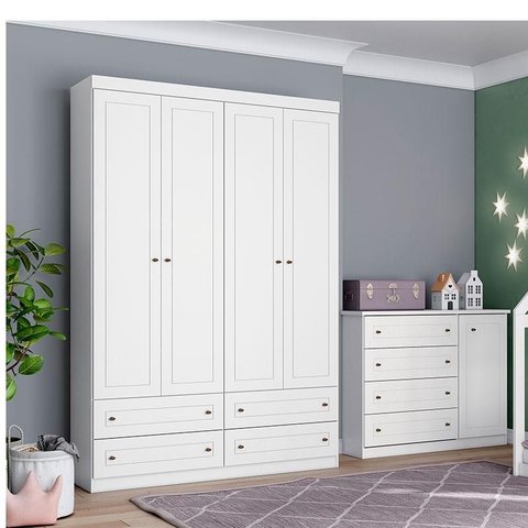 Cômoda e Guarda Roupa Infantil Americano 4 Portas Branco Hp - Henn