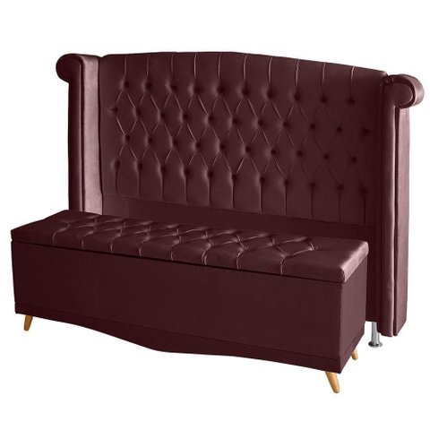 Kit de Quarto Cabeceira de Cama Box e Calçadeira Baú Toquio Casal 140 Cm Suede Bordo do Lar Mó