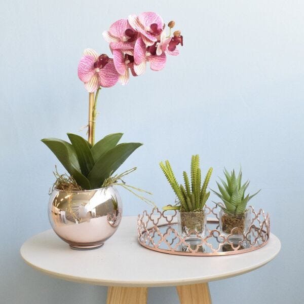 Arranjo de Orquídea Rosa 3D No Vaso Rose Gold Pequeno | Linha Permanente Formosinha
