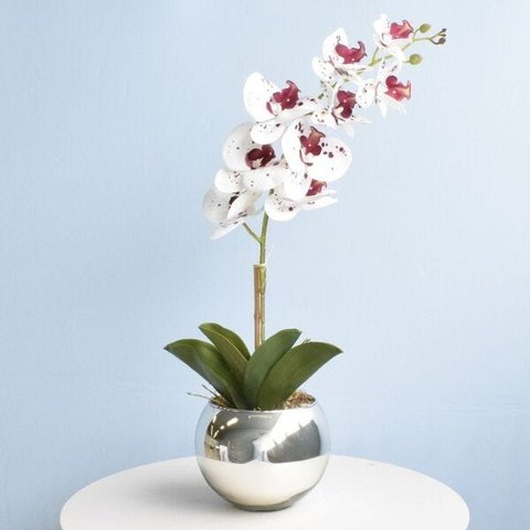 Arranjo de Orquídea Artificial Tigre 3D no Vaso Prateado Médio