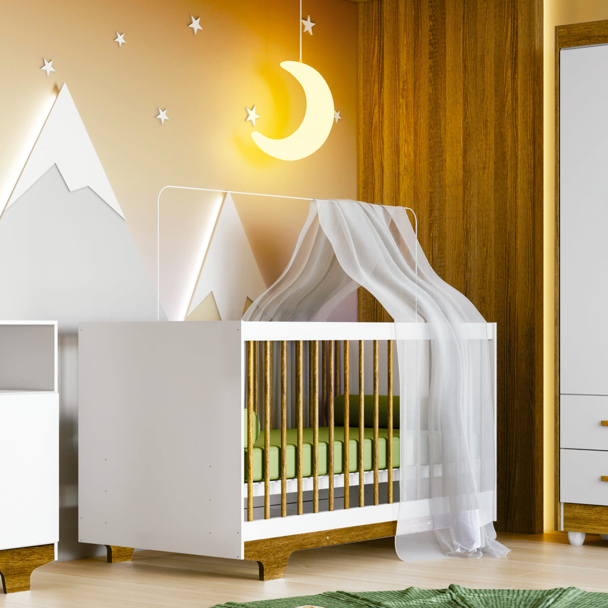 Berço Mini Cama Flocos com Grade de Proteção Removível para Quarto de Criança com Colchão Infantil - 2