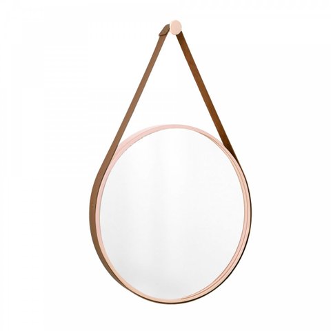 Espelho Decorativo Adnet Rosa Alça Corino Café 50cm Redondo