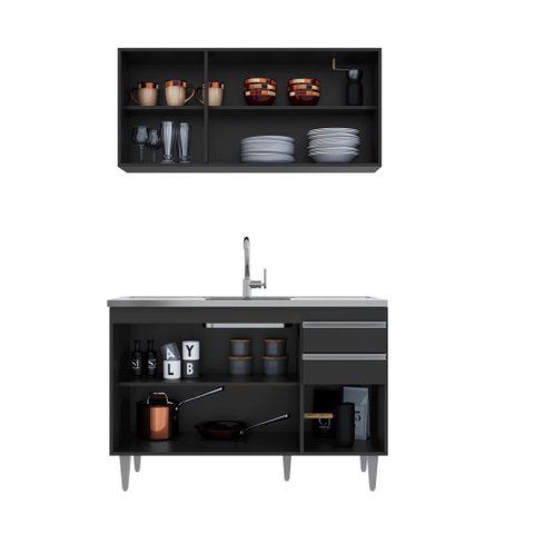 Kit de Cozinha Melissa com Pia e Cuba Ghelplus 120cm 6 Portas 2 Gavetas Preto Maderatto Móveis