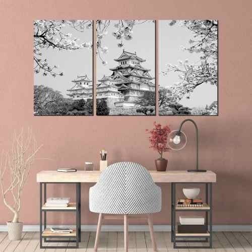 Quadro Decorativo Templo Japones E Sakura Preto E Branco - 2