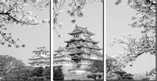 Quadro Decorativo Templo Japones E Sakura Preto E Branco - 1