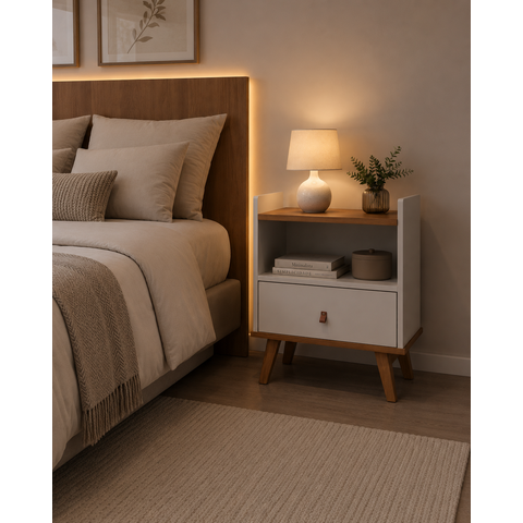 Mesa de Cabeceira Moderna Compacta com Nicho e Gaveta para Quarto Sala Casal ou Solteiro Luna