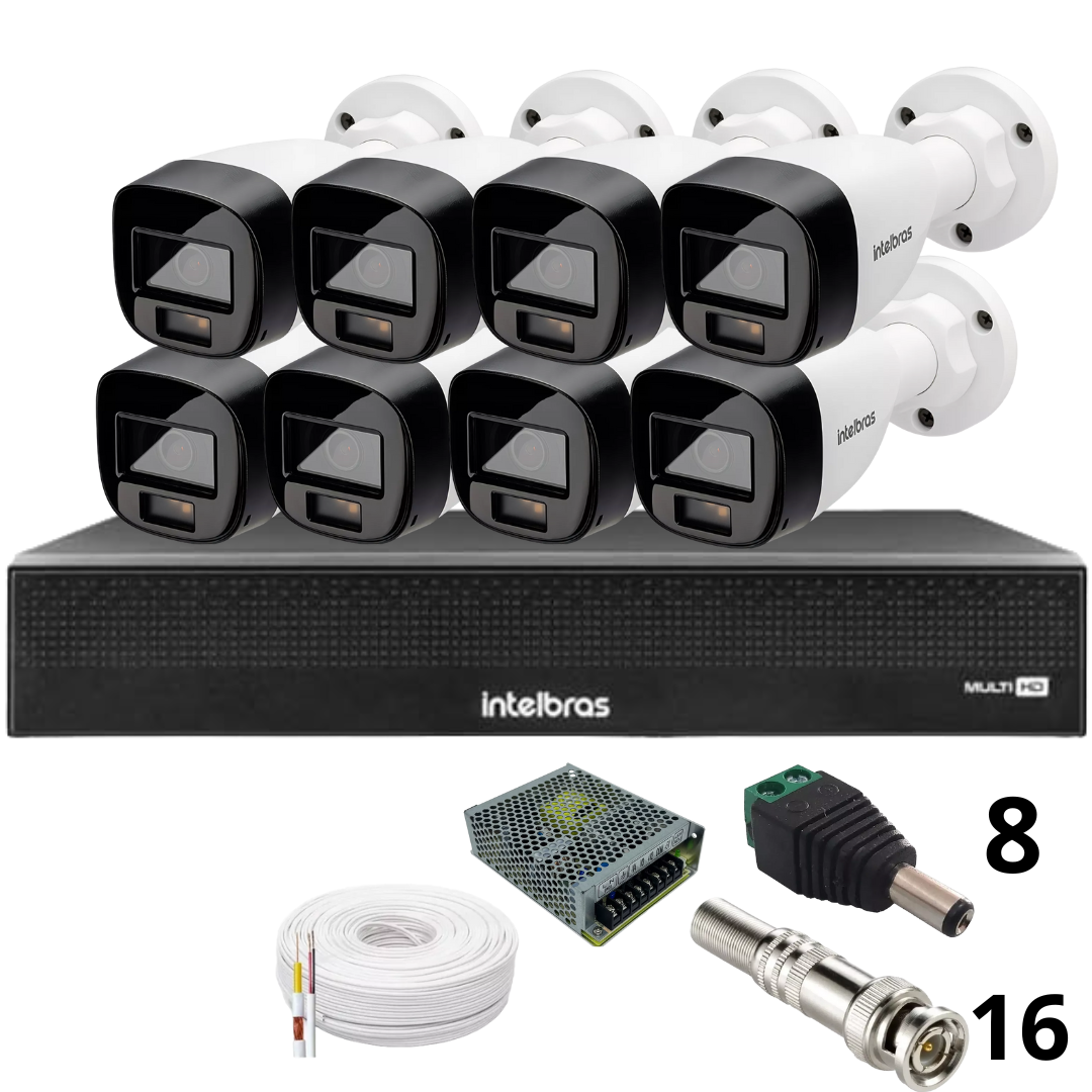 Kit 8 Câmeras Intelbras 1220b Full Color Dvr Mhdx 1016-c Intelbras com Detecção de Movimentos sem Hd