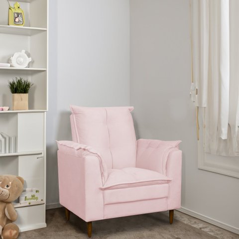 Poltrona Amamentação Pés Madeira Maciça Suede Herrero:Rosa Bebê