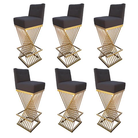 Kit 06 Banquetas Luma Base de Ferro Sued Grafite - D'classe Decor