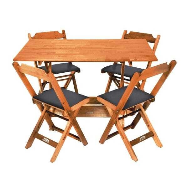 Jogo de Mesa Dobrável de Madeira 120x70 com 4 Cadeiras Natural Estofado Preto