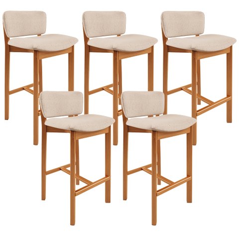 Kit 05 Banquetas Alta para Cozinha Sala de Jantar Bar Dara L02 Linho Bege - Lyam Decor