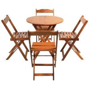 Conjunto De Mesa Dobravel De Madeira 90cm Redondo Com 4 Cadeiras Natural