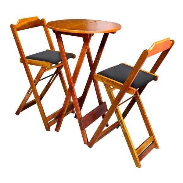 Conjunto Bistro De Madeira Dobravel Redondo 55cm Diametro Com 2 Cadeiras Natural Estofado Preto