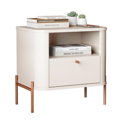 Mesa de Cabeceira Quarto Tucupí Slim 1 Gaveta e Pés de Metal Off White/bronze