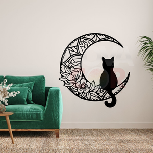 Adesivo de Parede Silhueta Gato Meia Lua Mandala - 46x50cm