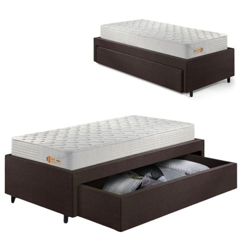 Base Box Cama Solteiro Sapateira Courino Linho Marrom e Colchão Ecoline D33 Ecoflex 88x188