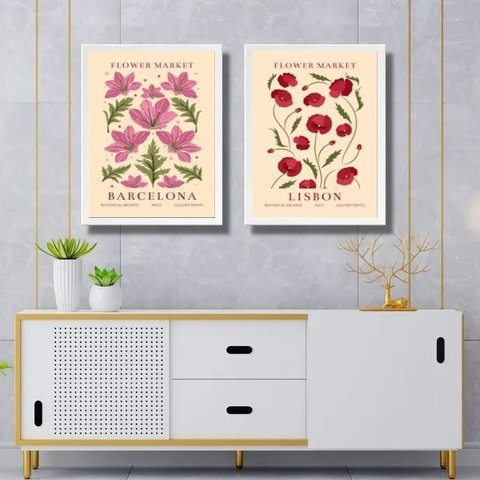 Kit 2 Quadros Flower Market - Lisboa e Barcelona 24x18cm - com Vidro:moldura Branca