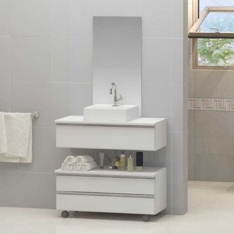 Conjunto de Gabinete Banheiro Creta 80cm com Cuba e Espelho