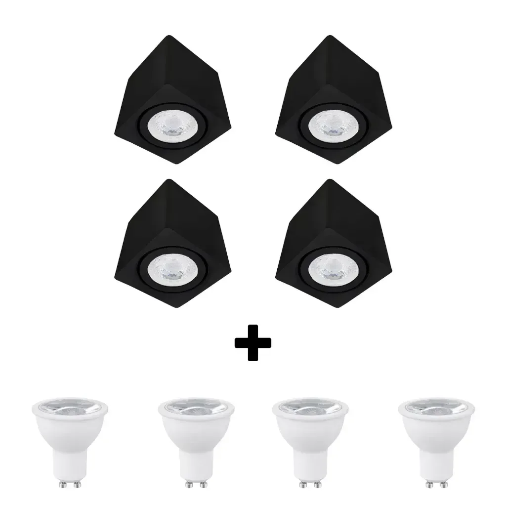 Kit 4 Spot Sobrepor Teto Beiral para Lampada Dicroica Preto Direcionável + 4 Lâmpadas Led 6500k