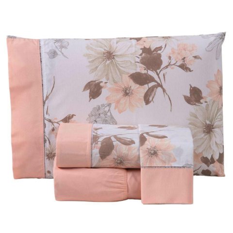 Jogo Cama Lençol Encanto Queen Estampado Percal 180 Fios C/ Ponto Palito 4 Peças - Floral - Salmã
