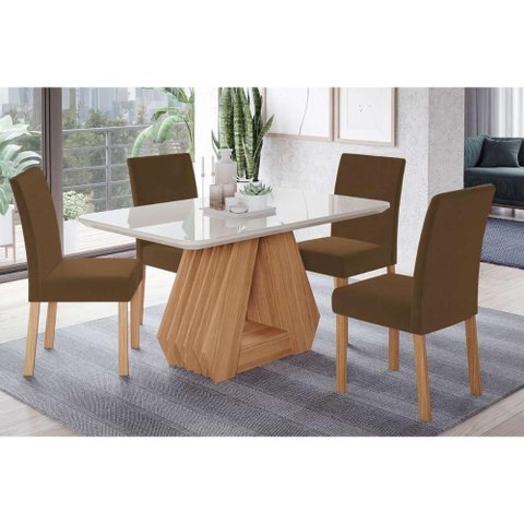 Conjunto: Mesa Sala Jantar Ágata C/ Tampo Madeirado C/ Vidro 130x80cm e 4 Cadeiras Maia Nature/