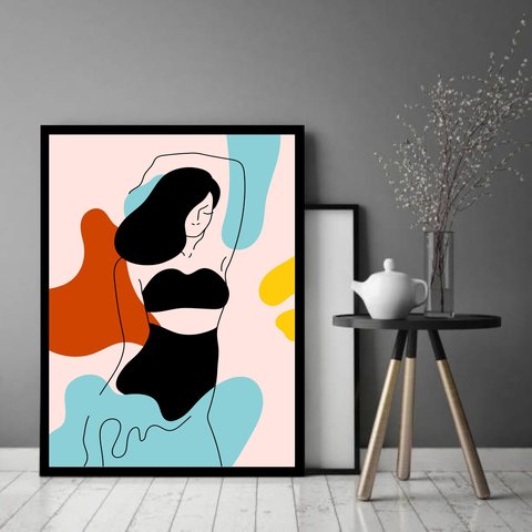 Quadro Decorativo Abstrato Mulher Biquíni Mar - 70x50cm:moldura Preta