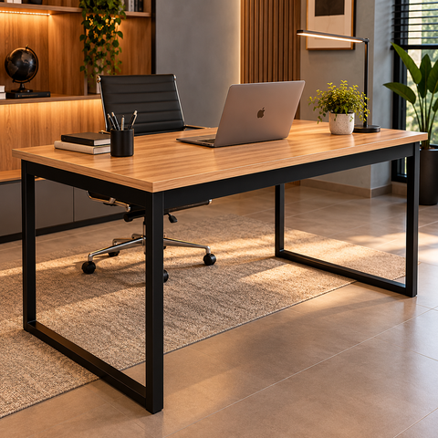 Mesa Escrivaninha para Home Office Metal Industrial 1,50m Nogal/Preto Realme Mesa para Escritório Es