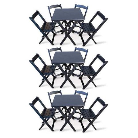 Kit 3 Conjunto Com Jogo De Mesa 70x70 Com 4 Cadeiras Dobráveis - Preto