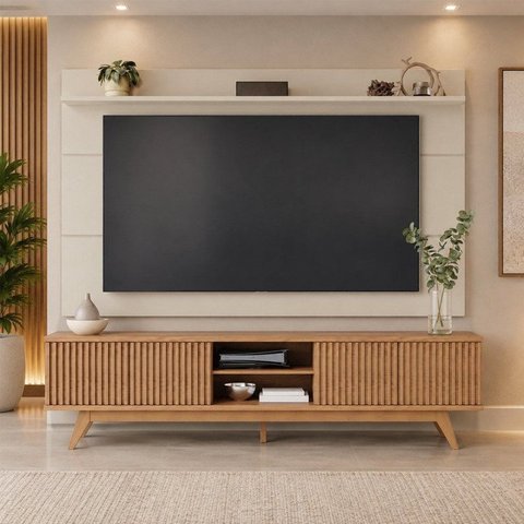 Rack com Painel Ripado para TV até 75 Polegadas 216CMX220CM Fortaleza Off White Matte / Freijó