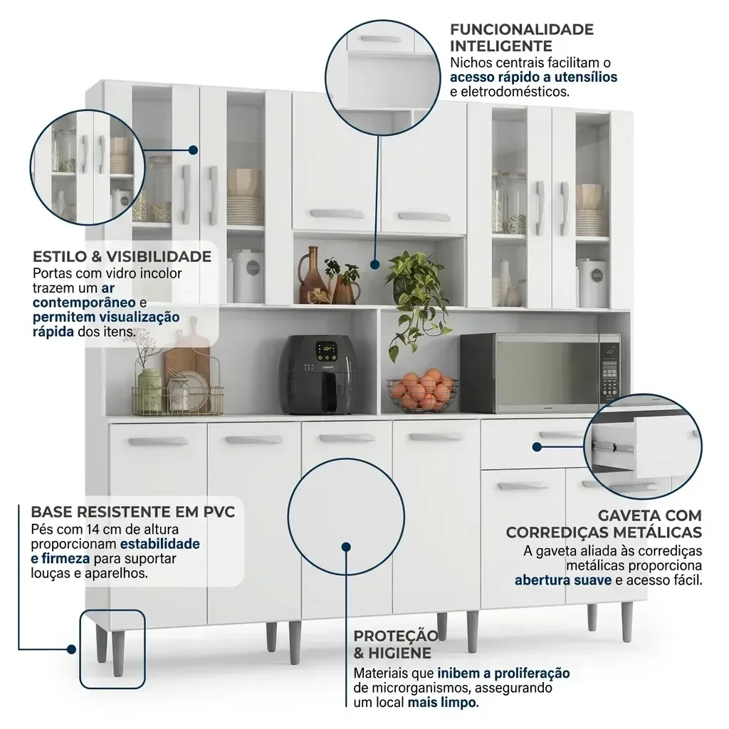 Ver imagem 5 de Armário de Cozinha 12 Portas 1 Gaveta com Vidro e Tampo Clara Yescasa Branco
