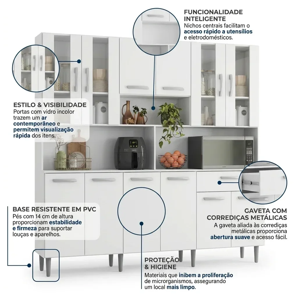 Ver imagem 6 de Armário de Cozinha 12 Portas 1 Gaveta com Vidro e Tampo Clara Yescasa Branco