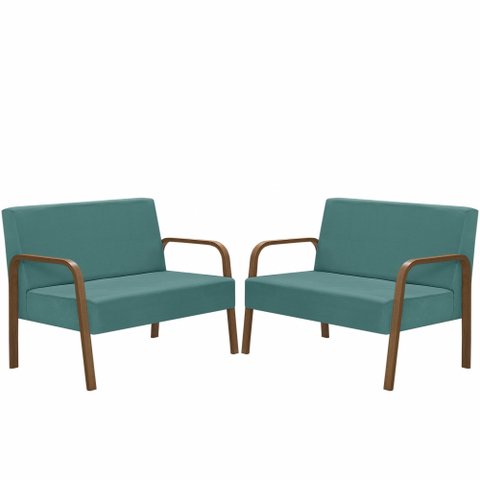 Kit Poltrona Decorativa 2 Namoradeiras Luna Braço Madeira D Salla Suede Turquesa