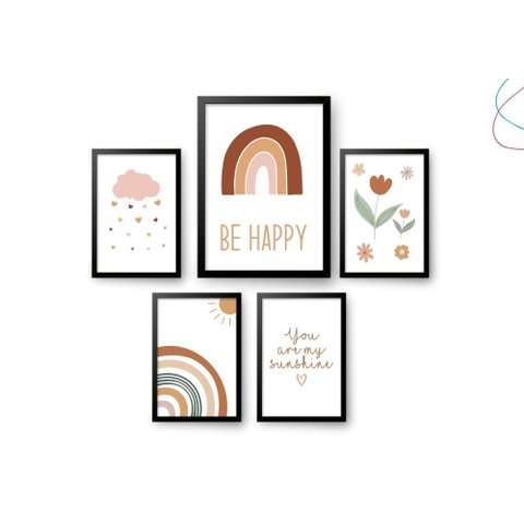 Kit 5 Quadros Decorativos Arco-íris Boho Escandinavo:preta