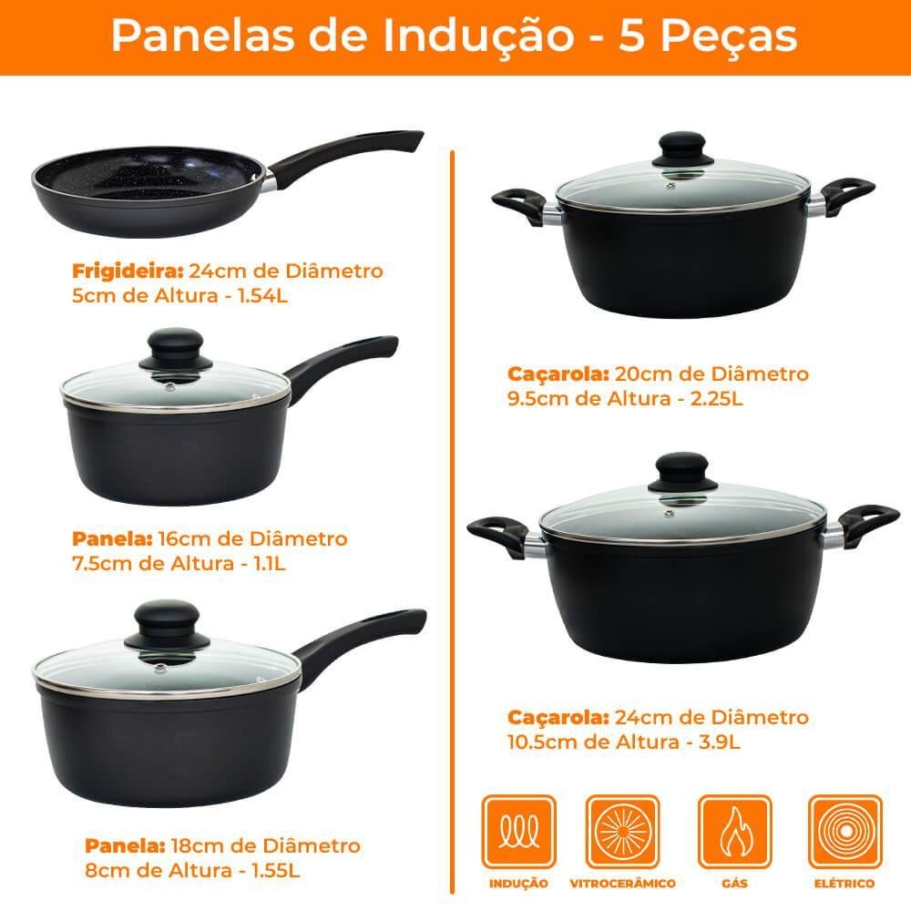 Conjunto de Panelas de Indução Antiaderente Cerâmica Incanto Preto 5 Peças - em Casa Tem - 7