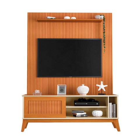 Rack Bancada Aruba com Painel para Tv até 55 Polegadas Egeo Cedro/off White Ripado Impressão 3d