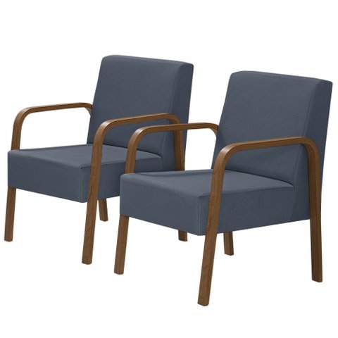 Kit 2 Poltronas Decorativas 1 Lugar Luna Braço Madeira D Salla Suede Azul Bic