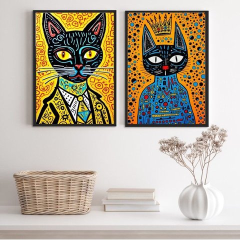 Kit 2 Quadros Gatos Vibrantes - Pop Arte 24x18cm - com Vidro:moldura Branca