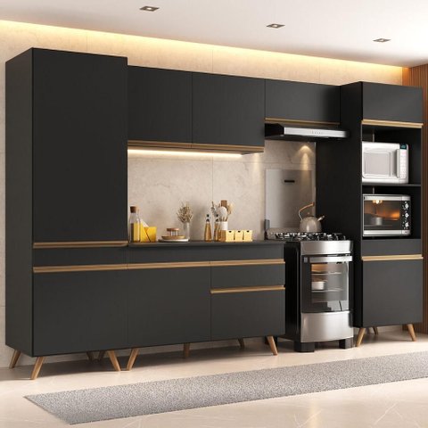 Armário Cozinha Modulada Completa 314cm com Balcão Veneza Multimóveis Mp3756 Preto/dourado