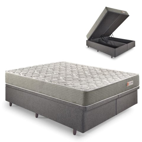 Base Box Baú King 193x203 Linho Cinza com Colchão Ecoline D40 Espuma