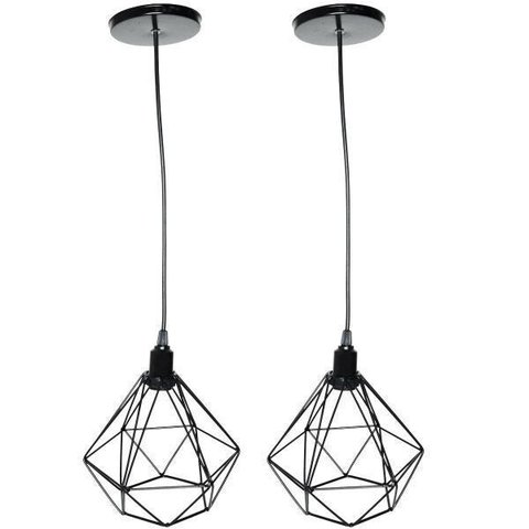 Kit 2 Luminárias Lustre Pendente Aramado Diamante Luxo Pequeno Teto Retrô Preto Agp Ilumini