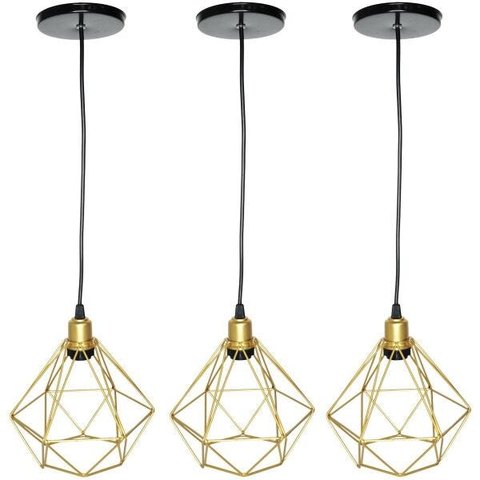 Kit 3 Luminárias Lustre Pendente Aramado Diamante Luxo Pequeno Teto Retrô Dourado Agp Ilumini