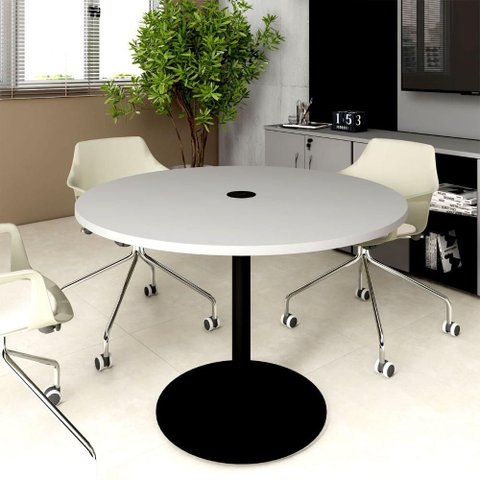 Mesa de Reunião Redonda 110cm com Plug Tomada F5 Office Cor:cinza Sagrado com Preto