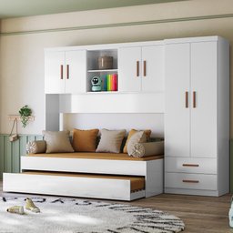 Dormitório Infantil Ônix Guarda Roupa, Aéreo 4 Portas e Bicama Flex Branco - Peternella Móveis - 2