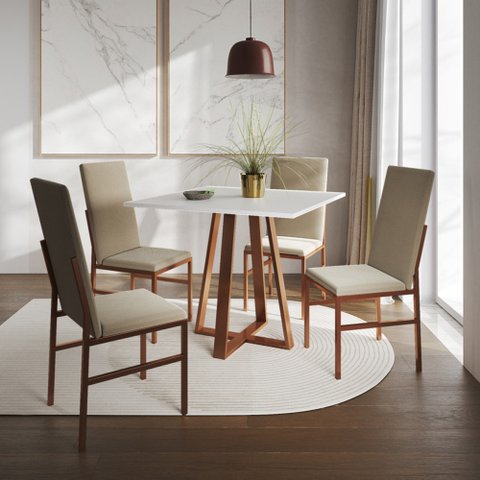 Conjunto de Jantar Mesa Mônaco Premium 90cm Imbuia com 4 Cadeiras Estofadas Bege Base Cobre