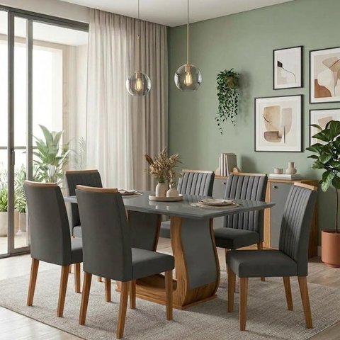Conjunto Mesa de Jantar com 6 Cadeiras Estofadas e Tampo de Vidro 160x80x80cm Mel/Cinza